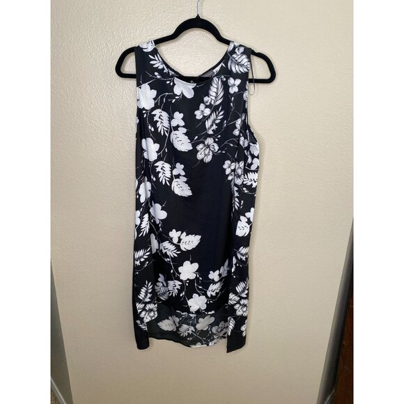Vince Camuto Black & White Sleeveless Floral Print Shift Dress Large Polyester - Picture 1 of 7